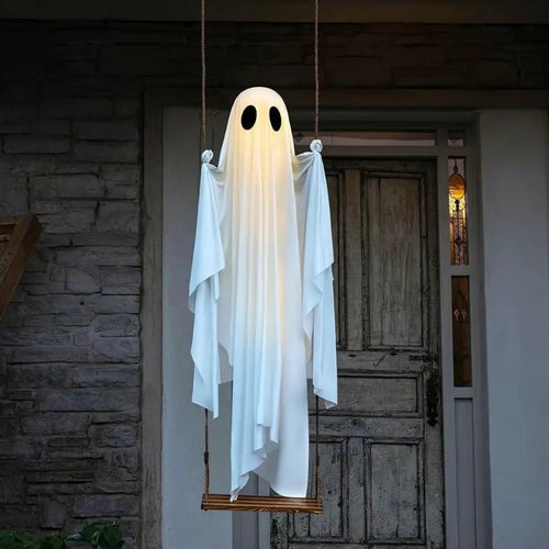 LED Hanging Ghost Decoration with Remote Control Lights, 5FT White Hanging Ornament for Tree, Porch, Garden, Yard, Patio, Party Decoration
