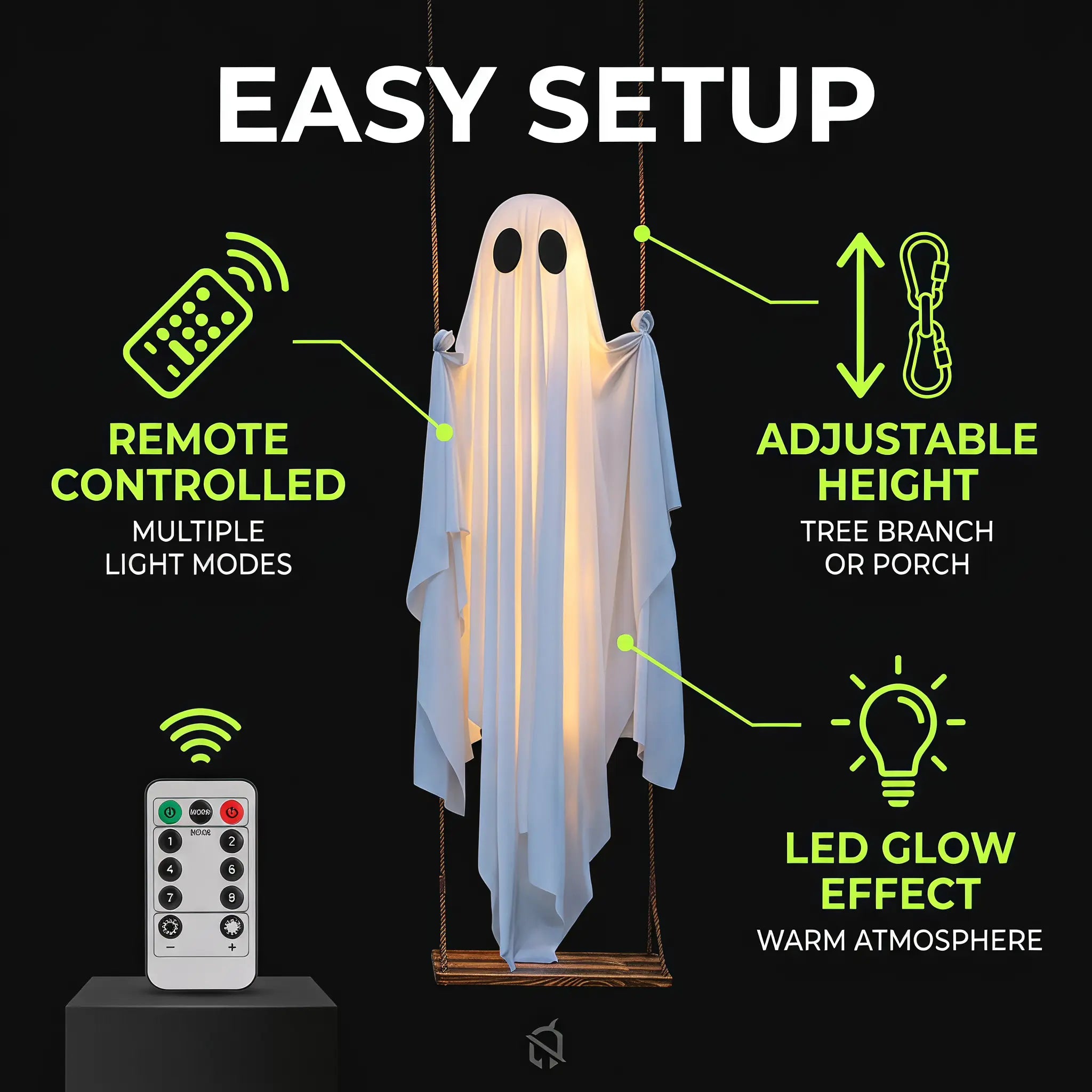 LED Hanging Ghost Decoration with Remote Control Lights, 5FT White Hanging Ornament for Tree, Porch, Garden, Yard, Patio, Party Decoration