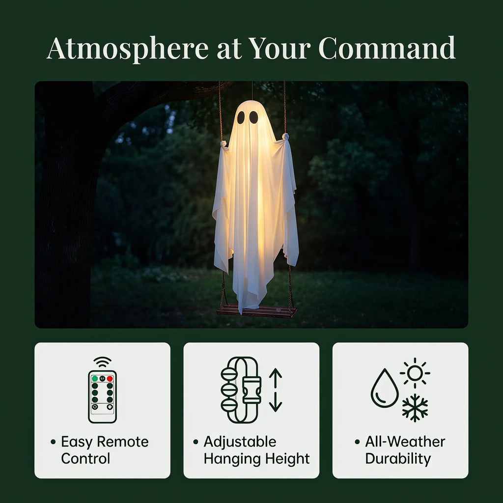 LED Hanging Ghost Decoration with Remote Control Lights, 5FT White Hanging Ornament for Tree, Porch, Garden, Yard, Patio, Party Decoration