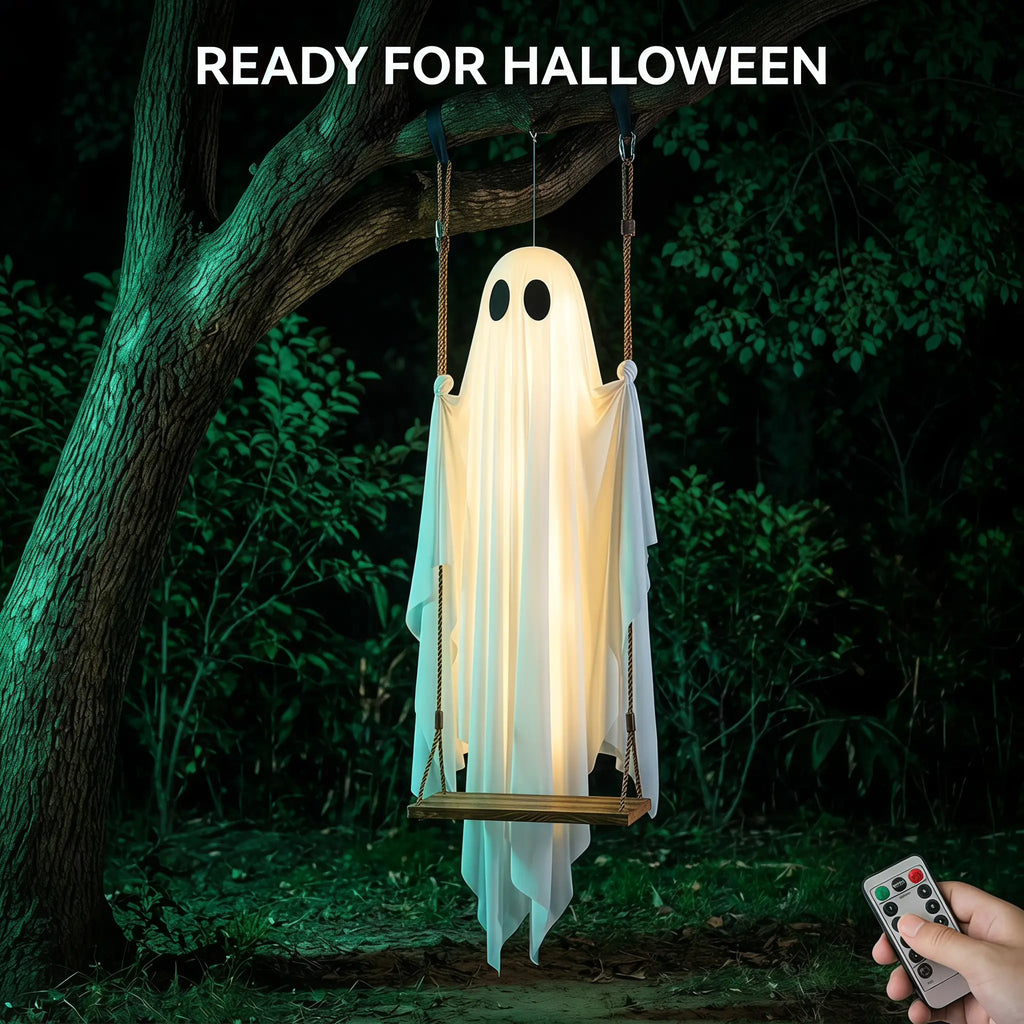 LED Hanging Ghost Decoration with Remote Control Lights, 5FT White Hanging Ornament for Tree, Porch, Garden, Yard, Patio, Party Decoration