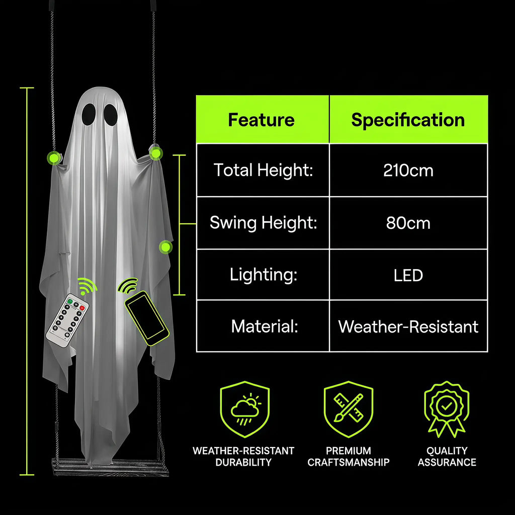 LED Hanging Ghost Decoration with Remote Control Lights, 5FT White Hanging Ornament for Tree, Porch, Garden, Yard, Patio, Party Decoration