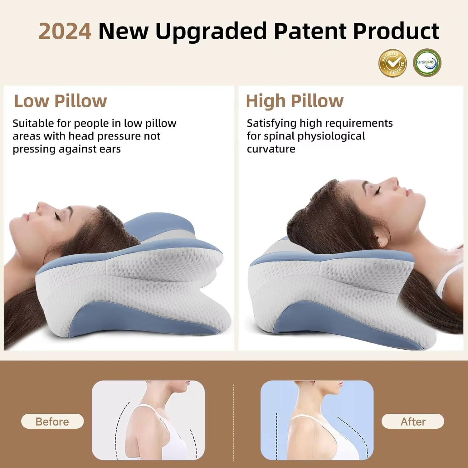 Ergonomic Ergonomic Pain Relief Pillow Memory Foam Cervical Pillow-Neck and Shoulder Support for Side Back Stomach Sleepers