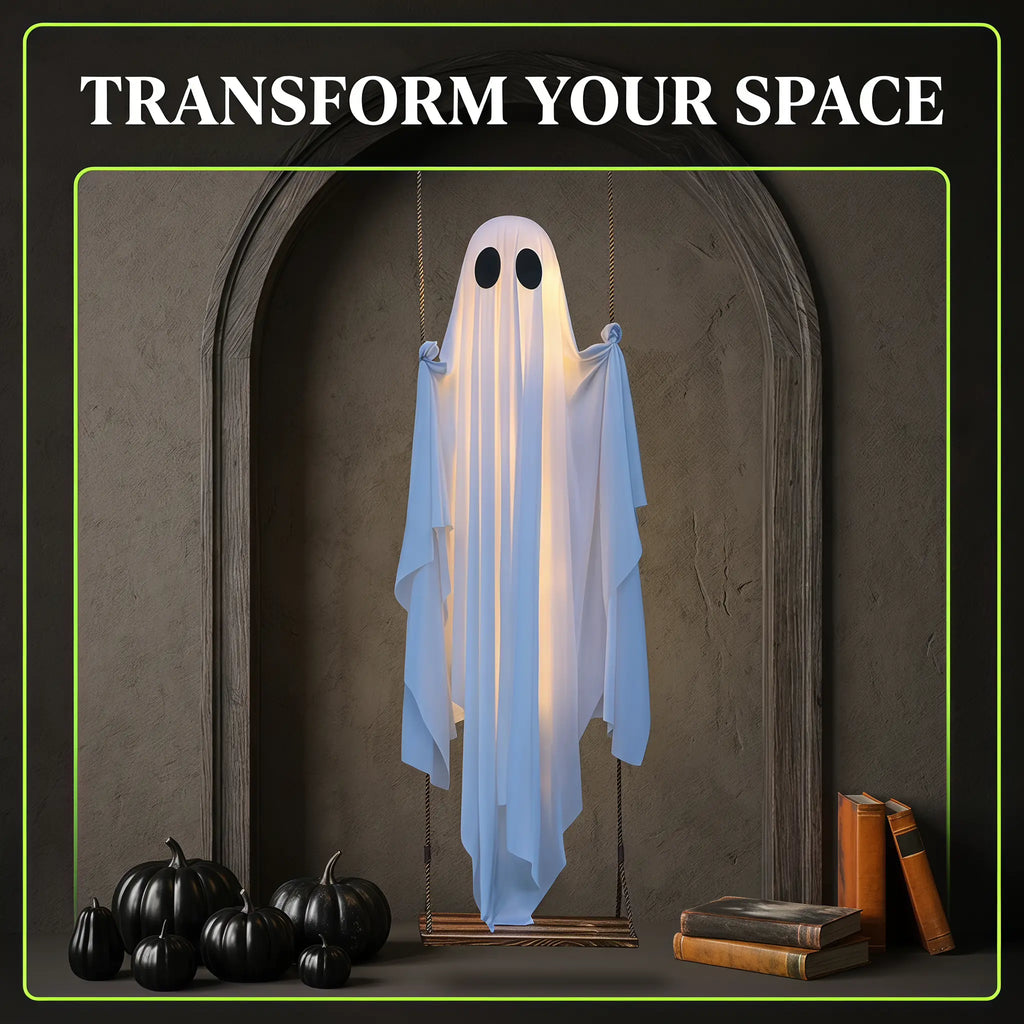 LED Hanging Ghost Decoration with Remote Control Lights, 5FT White Hanging Ornament for Tree, Porch, Garden, Yard, Patio, Party Decoration